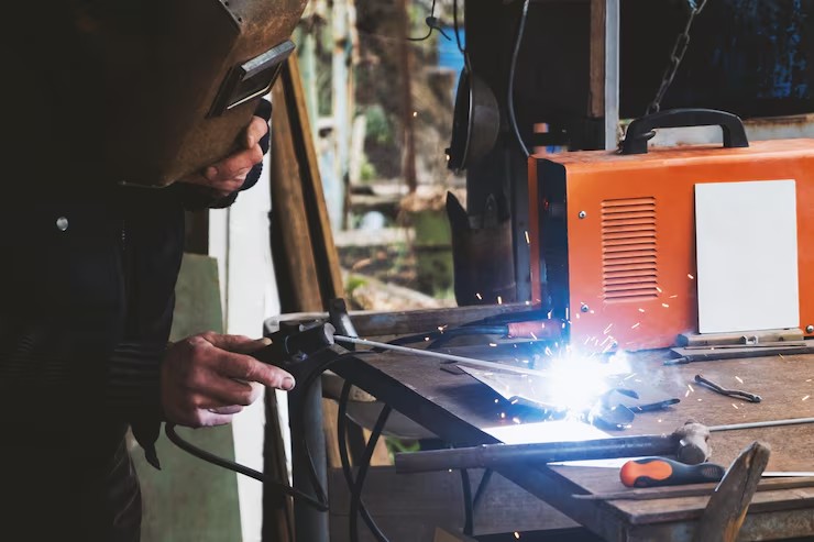 Welder using arc welding equipment at a metal workbench, with sparks and welding machine